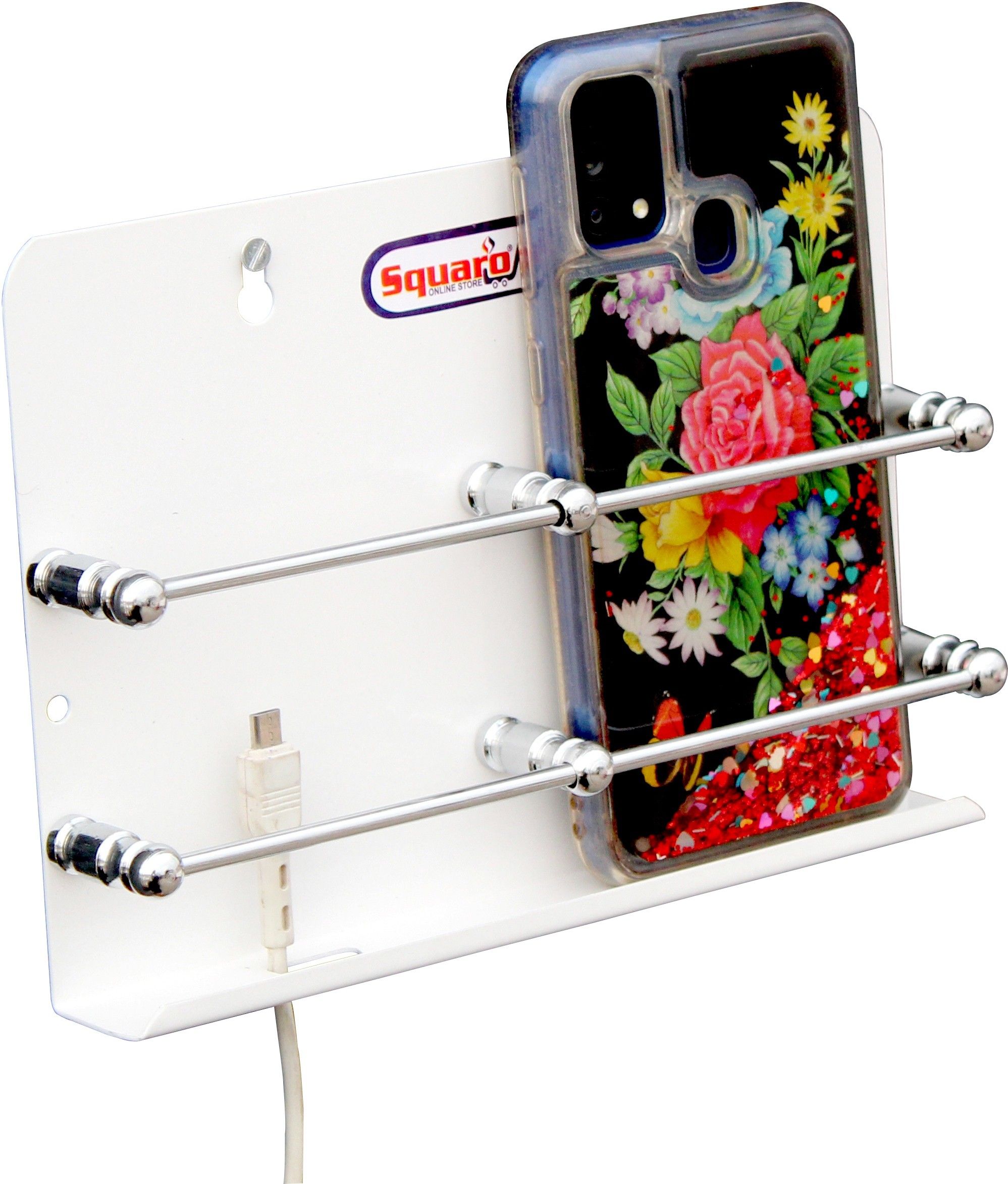 SQUARO ONLINE STORE Double Mobile Stand Dual Phone Charging Holder TV AC Remote Multipurpose Holder MS Powder Coated Stand for Home Wall Mount Shelf ( White, Pack of 1 ) Mobile Holder-image-46