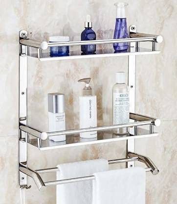 Stainless Steel Double Layer Shelf with Towel Road, Multipurpose Wall Mount Bath Shelf Organizer, Kitchen Shelf/Bathroom Shelf and Rack/Bathroom Accessories Silver Towel Holder (Silver) Silver Towel Holder-image-23