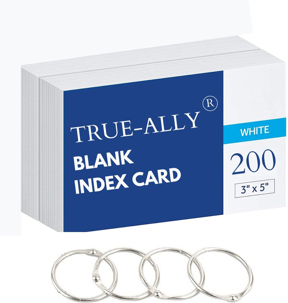 unruled Index Flash Cards - 3x5 inch, White, 100 Cards, 200 GSM - with Free Binder Rings for Short Notes, cue Cards, Cheat Sheets, exam, Interview Preparation Sketch Pad