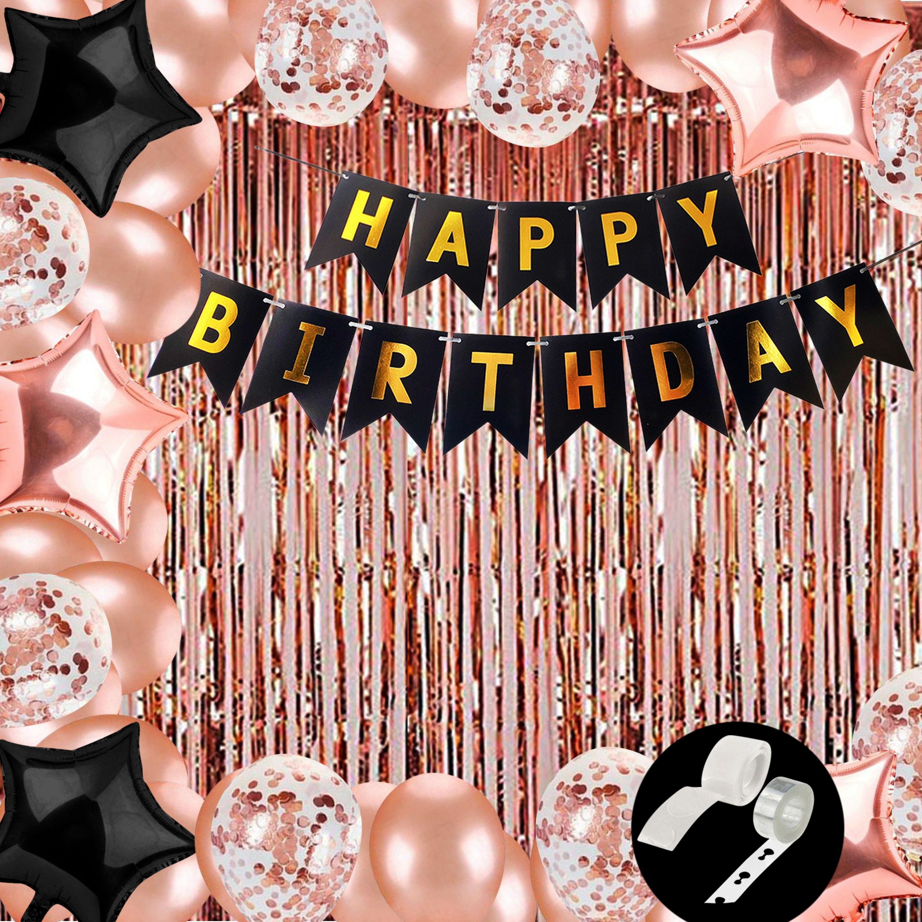 party midlinkerz Solid Happy Birthday Balloons Decoration Kit 68 Pcs, 1 set of Black "Happy Birthday" 13pcs alphabet Banner and 50pcs HD Metallic balloons(Rose Gold) and 8Pcs Rose Gold Confetti Balloons, 5Pcs of Star Balloons (3 Rose Gold, 2 Black) with 1Pc Glue Dot, 1Pc Arch Strip with 2Pcs of Rose Gold Curtains for Kids Wife Girl Birthday Balloons Decorations Items Combo with Happy Birthday Banner, 1st Birthday Latex Metallic Balloons Balloon (Multicolor, Pack of 68)-picture-11