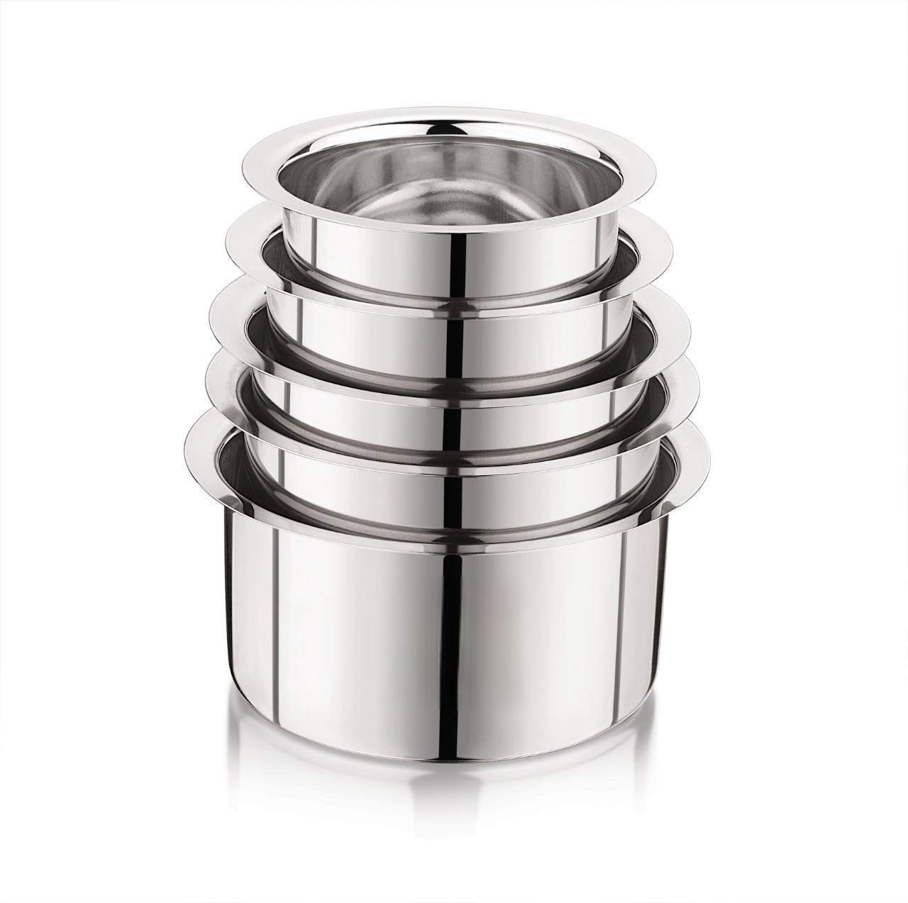 Stainless Steel Vegetable Bowl Stainless Steel flat Induction And gas Stove Suitable Bottom Container Set/Tope/tapeli/patila Cookware Set heavy Gauge (Capacity 425ml, 550ml, 850ml, 1250ml, 1500ml Approximately) Strong-Durable-Reliable Tope Set (Stainless Steel) Stainless Steel 5 Pieces Stainless Steel 22 Gauge and Gas Stove Compatible Tope Set / Cookware Set / Container Set / Bhagona Set $ FFBW_6-image-25