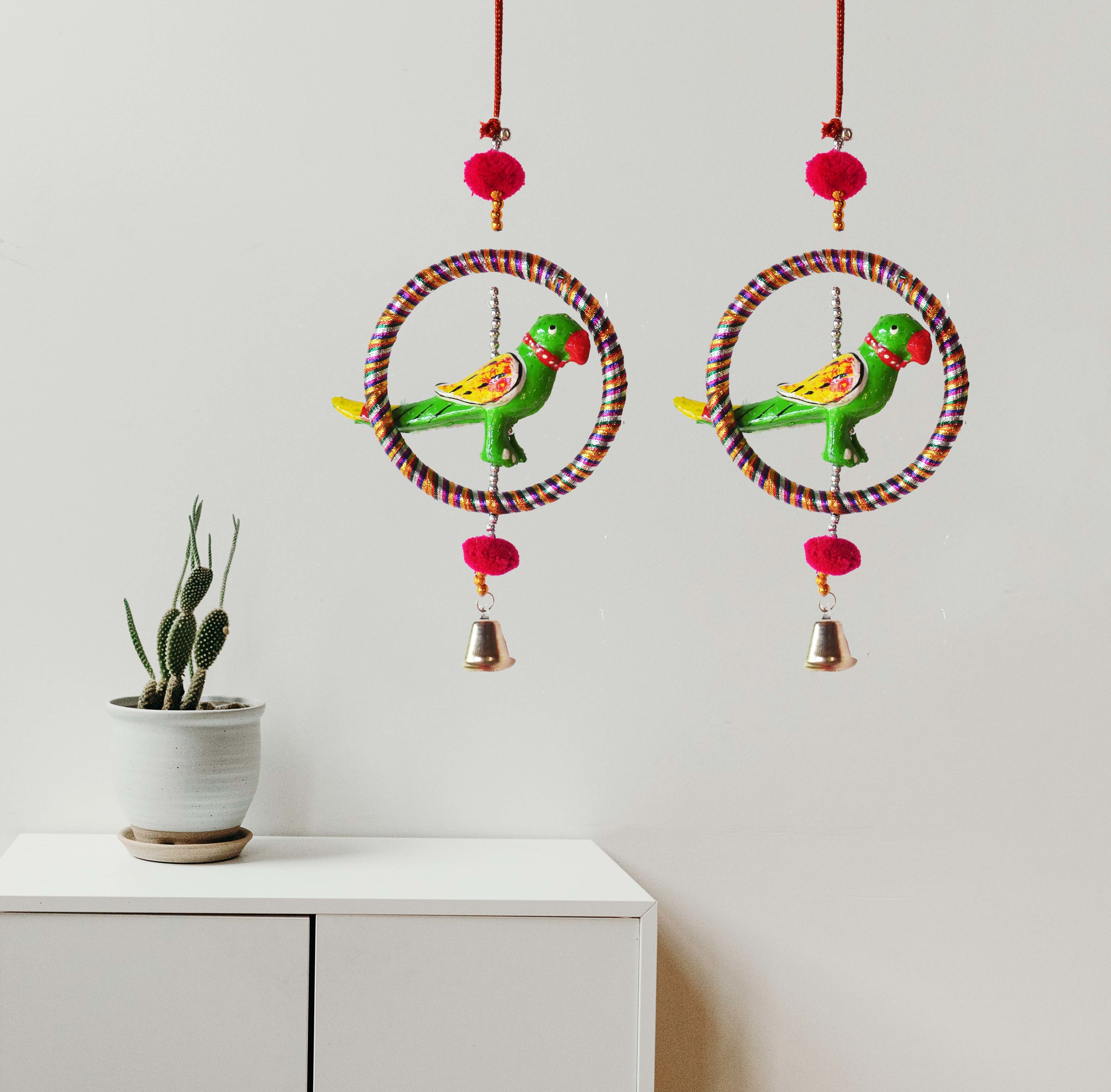 RAJ SHAI CRAFT Home Decoration Items PARROT RING JHUMER combo set of 2 Home Decoration for Hall balcaney Wall/Door/Window Hanging ( 24CM multicolour) Plastic Windchime-image-42