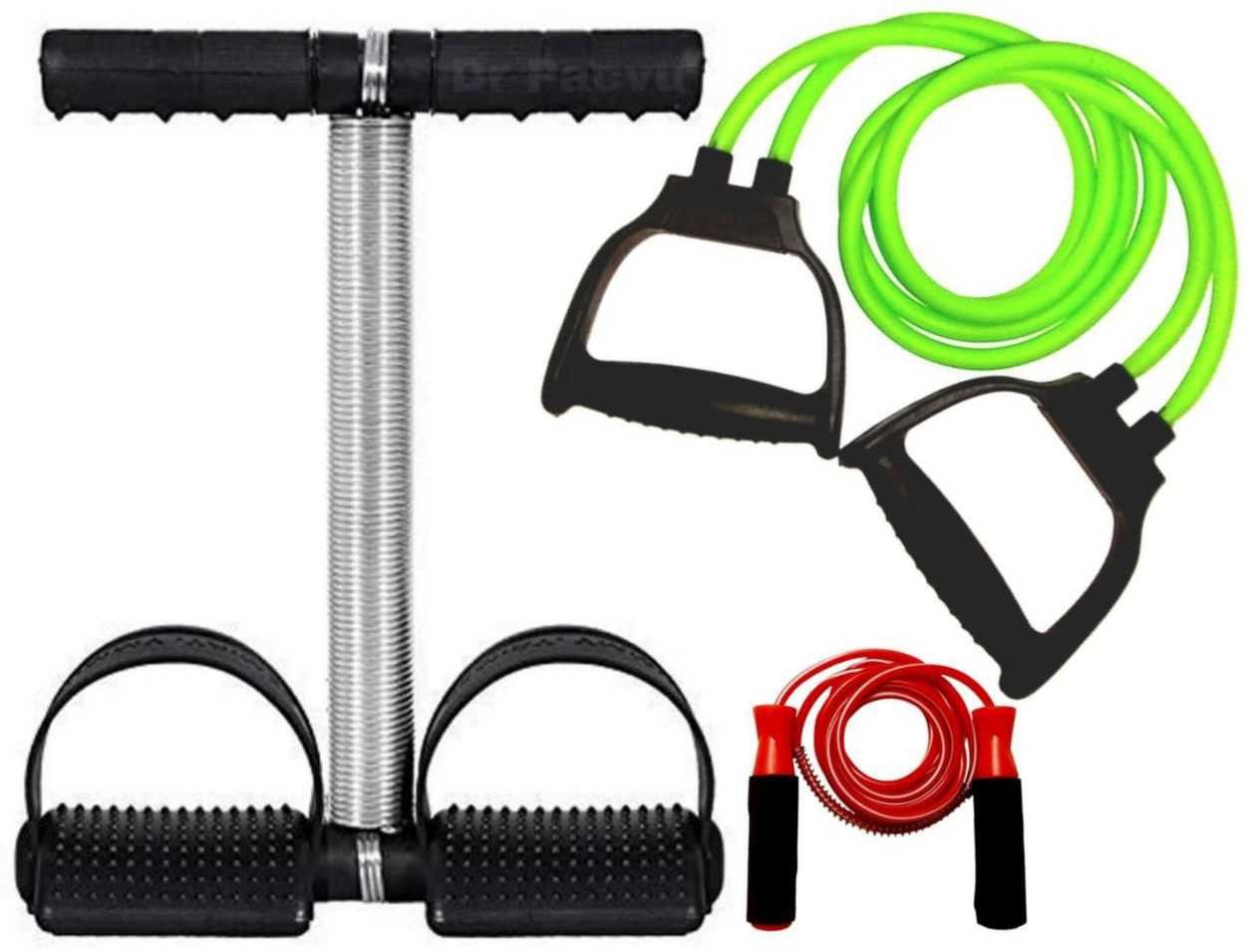 Pack Of 3 Fitness COMBO, Athletes CHOICE, 1+ Double Resistance Band Toning Tube and 1+ Skipping Jumping Rope and 1+ Single Chrome Steel Band Tummy Trimmer Workout at Home, TRUSTED by DR, Gym Fitness and Body Fat loose and cutter Fitness Accessory Kit Kit-image-11