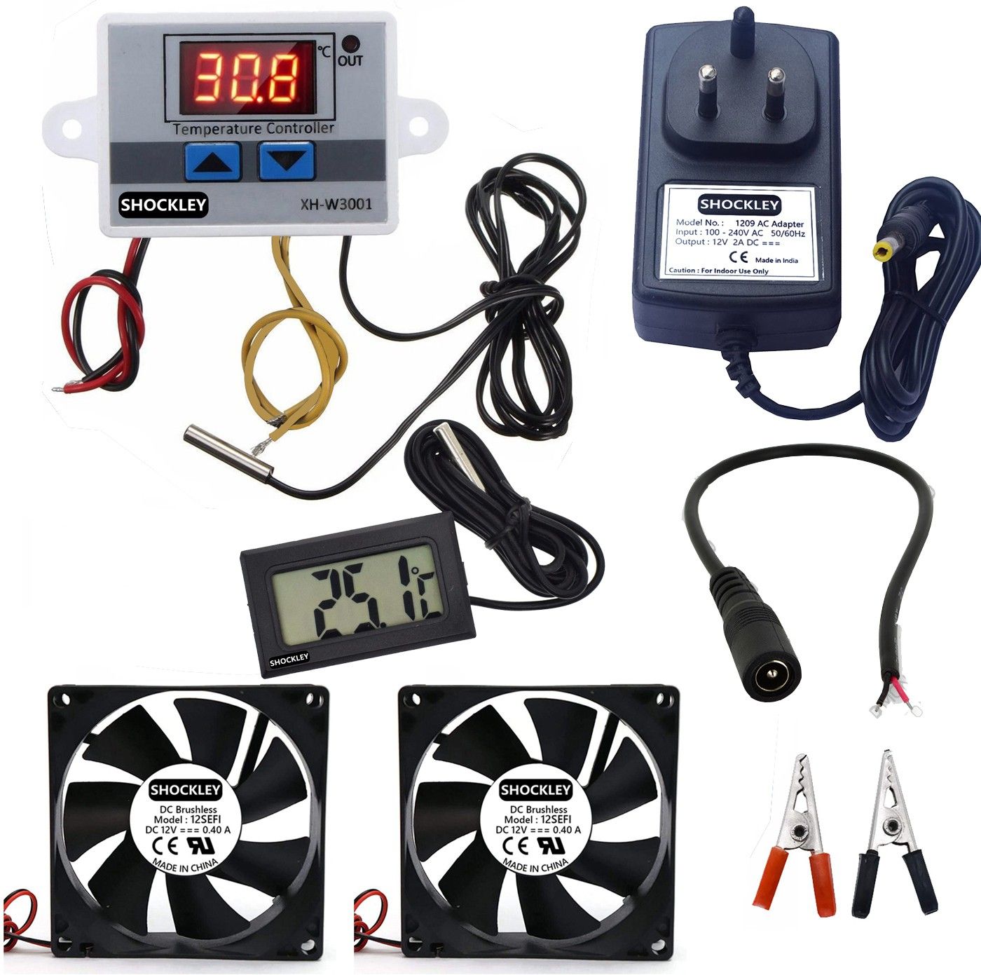 shockley electronics XH-W3001-50 to 110c Intelligent Digital Thermostat temperature controller XH-W3001 (12V Without Direct Output) + 12V 2AMP Adapter + 2 FAN + Alligator Clips + DC Female JACK + Thermometer TPM-10 Multipurpose Controller-image-35