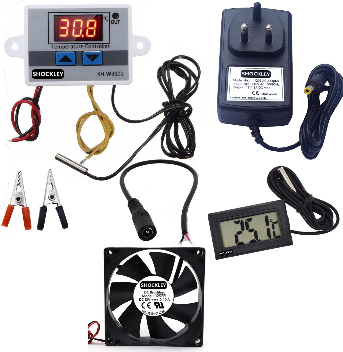 shockley electronics XH-W3001-50 to 110c Intelligent Digital Thermostat temperature controller XH-W3001 (12V Without Direct Output) + 12V 2AMP Adapter + FAN + Alligator Clips + DC Female JACK + Thermometer TPM - 10 Multipurpose Controller-image-33