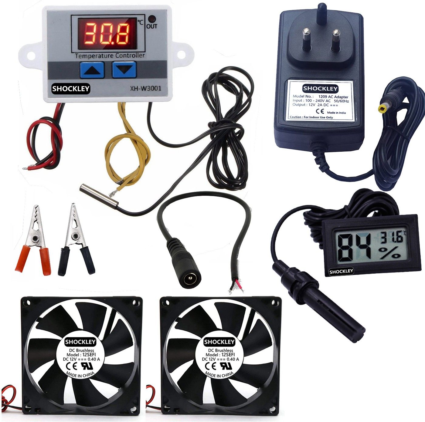 shockley electronics XH-W3001-50 to 110c Intelligent Digital Thermostat temperature controller XH-W3001 (12V Without Direct Output) + 12V 2AMP Adapter + 2 FAN + Alligator Clips + DC Female JACK + Hygrometer FY-11 Multipurpose Controller-image-34