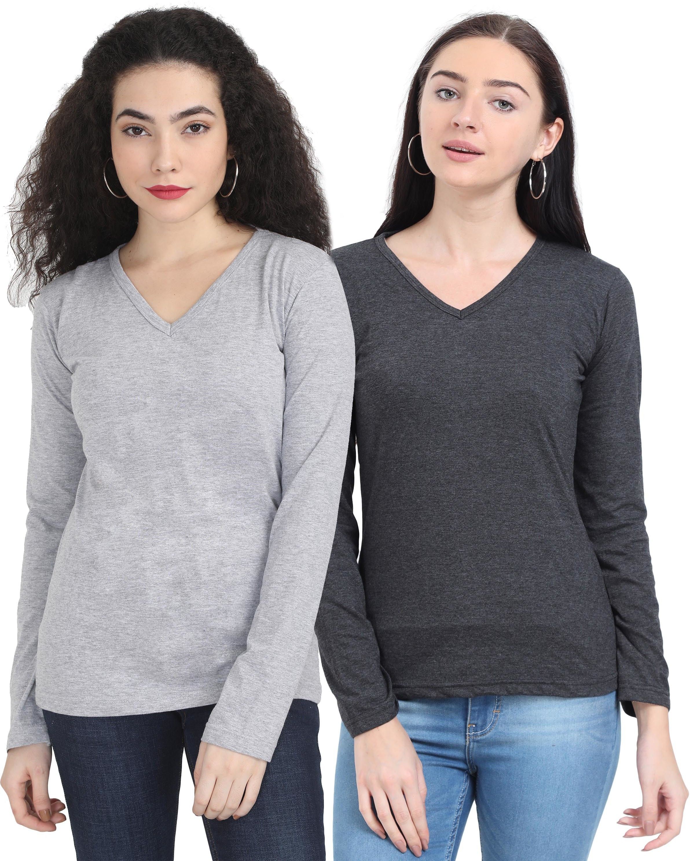 Pack of 2 Women Solid V Neck Pure Cotton Grey T-Shirt-image-1