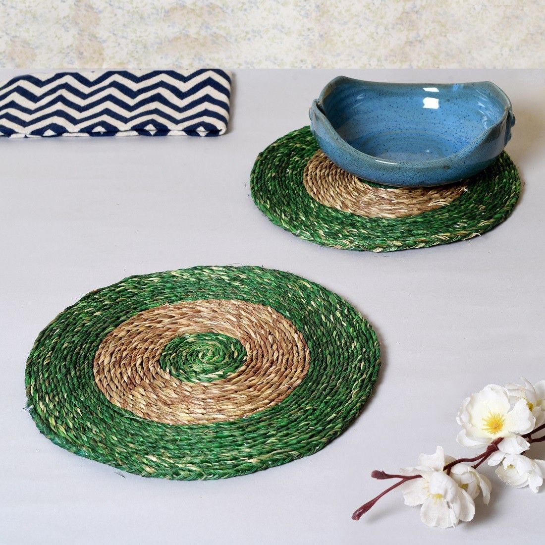 unravel india Sabai grass circular green & brown dish coaster set Sabai Grass Work Trivet-picture-14