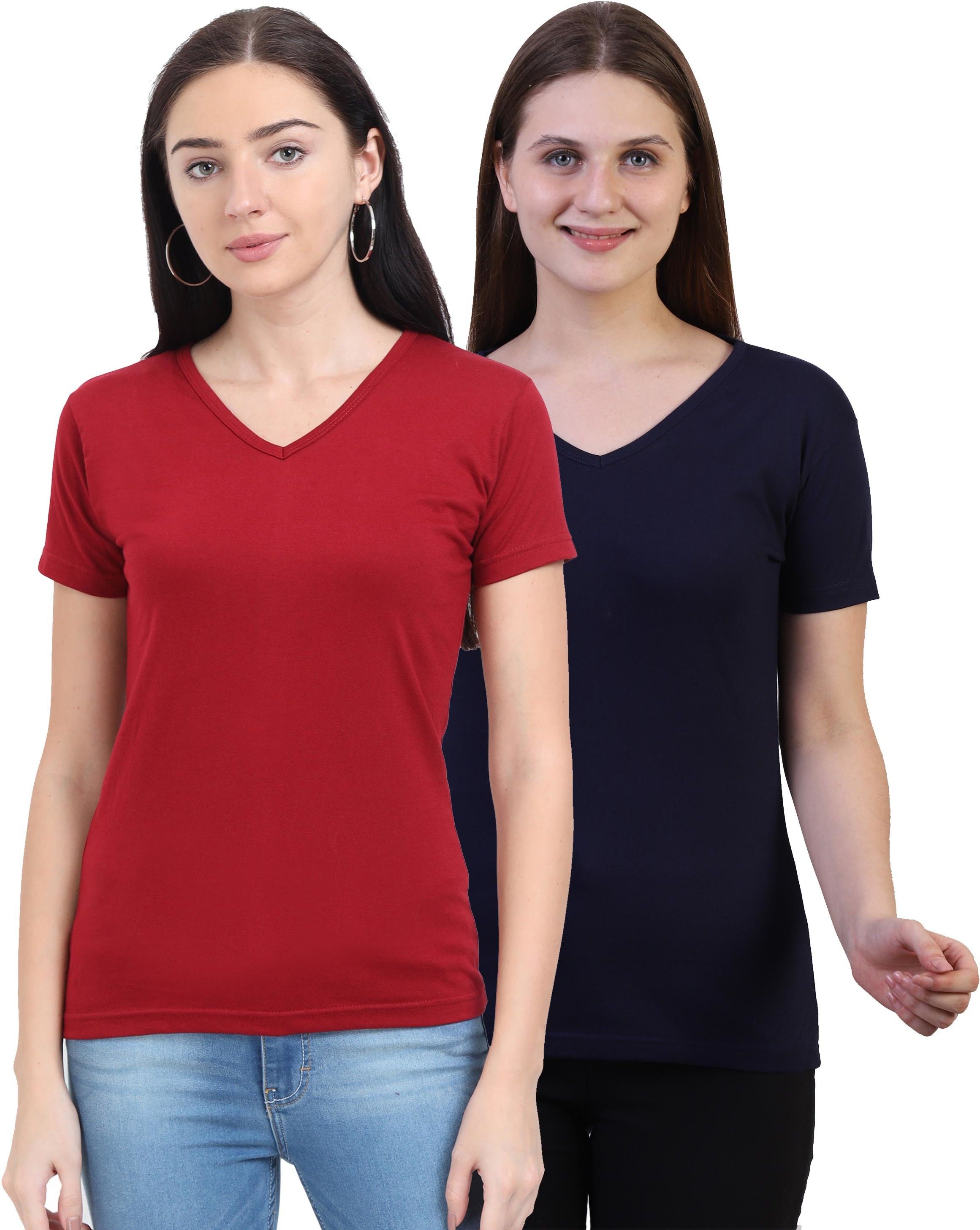fleximaa Pack of 2 Women Solid V Neck Pure Cotton Maroon, Blue T-Shirt-picture-12