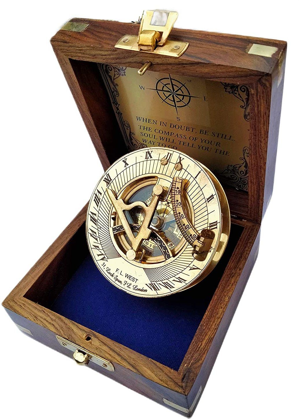 Brass Round Sundial Compass with Wood Box Collectible Gift Compass-image-20