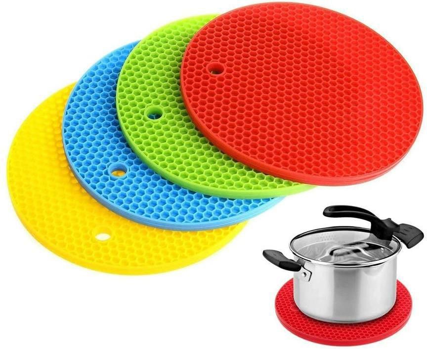 Round Silicone Hot Pot Holder Mat Heat Resistant Disc Pads Kitchen Insulation Anti-Slip Coasters Dining Table Mat (Pack of 4, Multicolor) mat finish Trivet