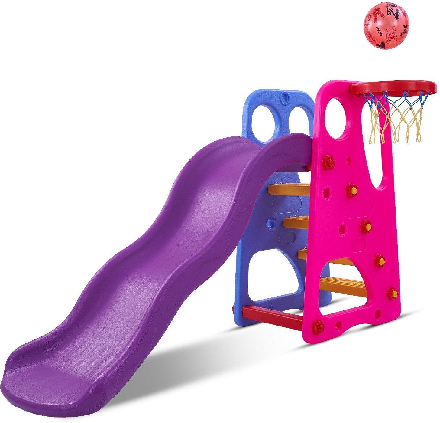 Folding Slide And Basketball Stand Set | First Slide Plastic Play Climber | Basketball Hoop Adjustable Height | Junior Play Indoor Outdoor Portable For Toddler, Kids | Toy Suitable Kids For 1 To Up Boys & Girls ( Pink with Orange )