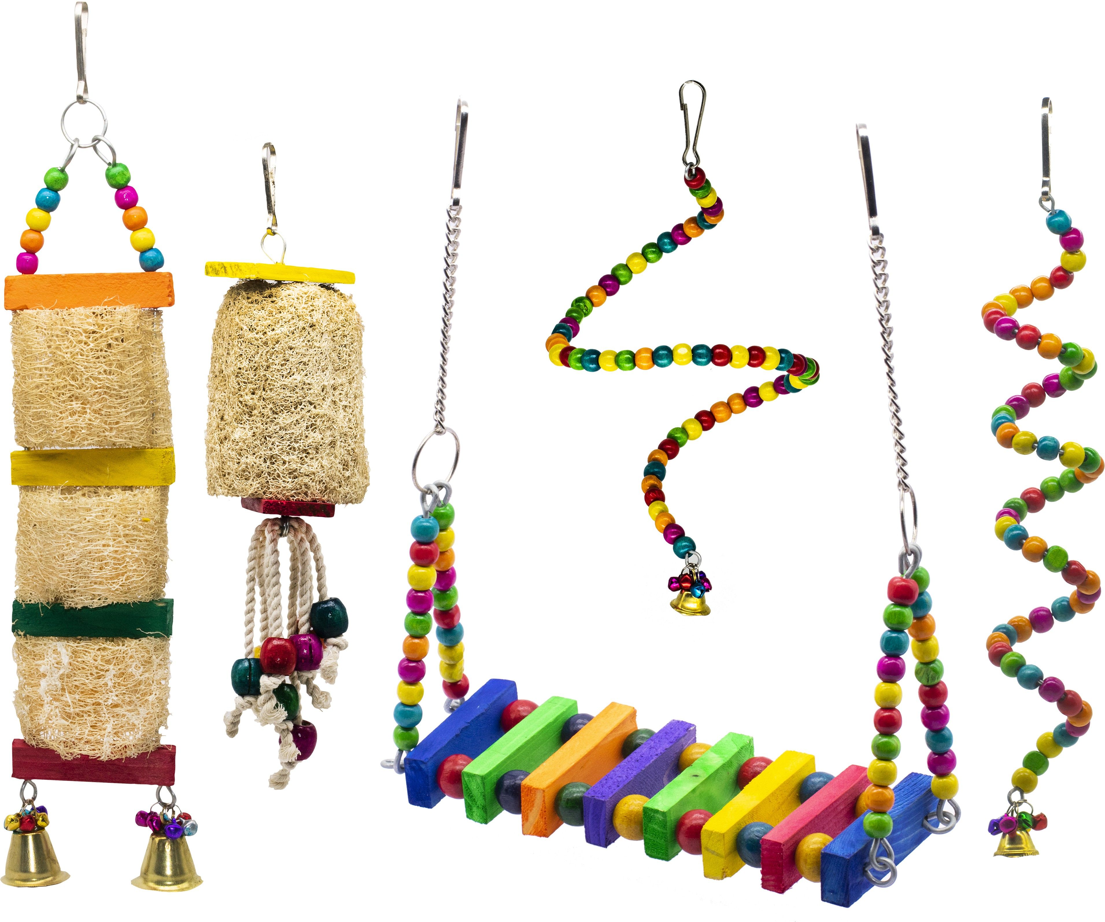 greenbirds TOYS Combo Of Colorful Wooden Swing, 2 Beautiful Spiral Hangings & 2 Natural Mesh Hangings Perch Colorful Natural Wood Parrot Toys Cage Accessories Resting Toy Wooden Training Aid For Bird & Bird Wooden Chew Toy, Training Aid, Perch For Bird Wooden Chew Toy, Training Aid, Perch For Bird-picture-25