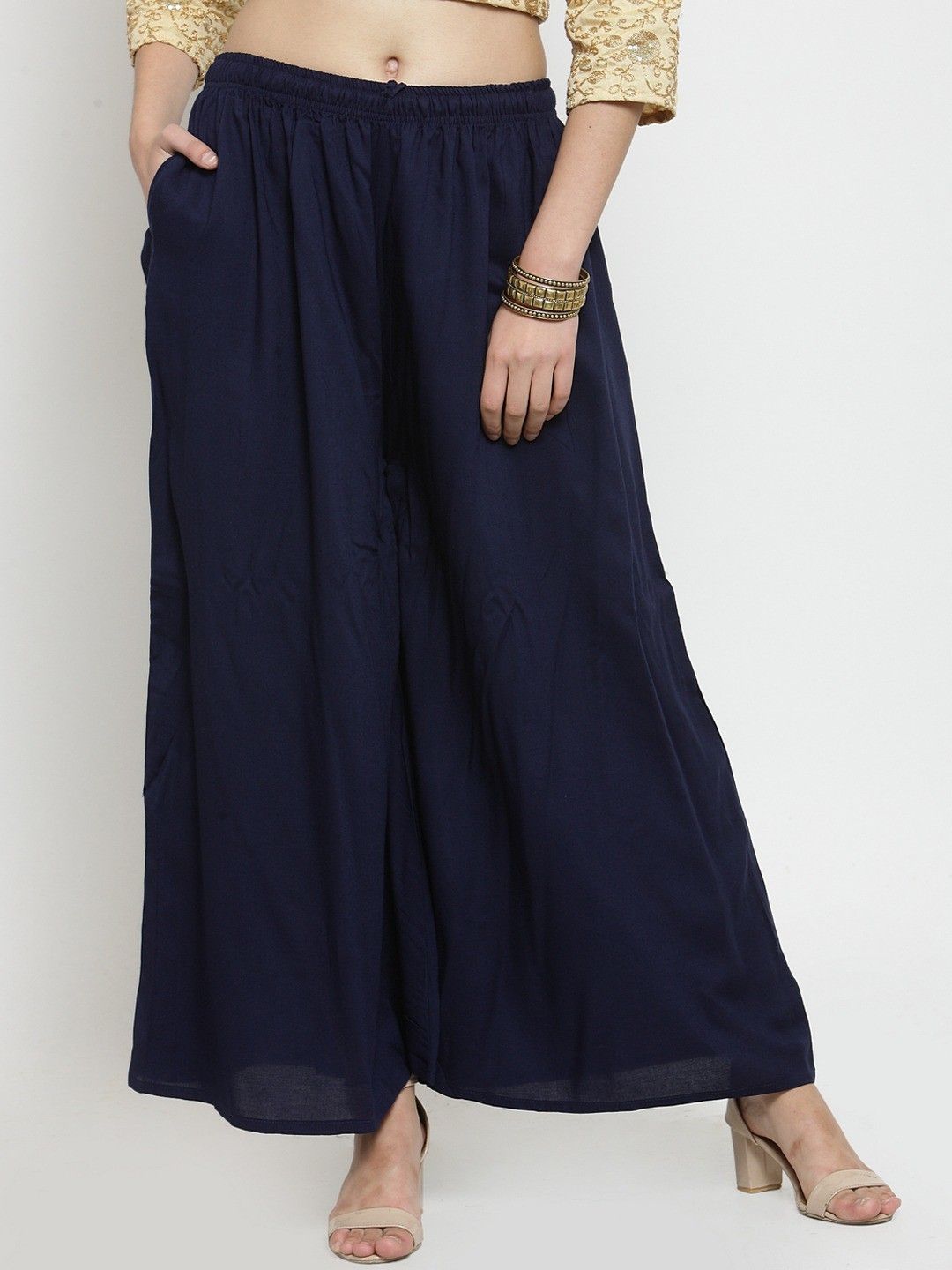 kanjilal Women Flared Dark Blue Viscose Rayon Trousers-picture-12