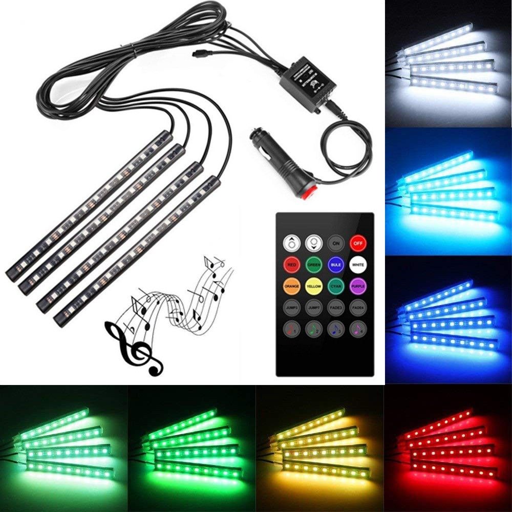 Set of 4 9 LED RGB Multi-Colour Strip Car Atmosphere Light with Music Controller and Remote for All Cars Car Fancy Lights-image-31