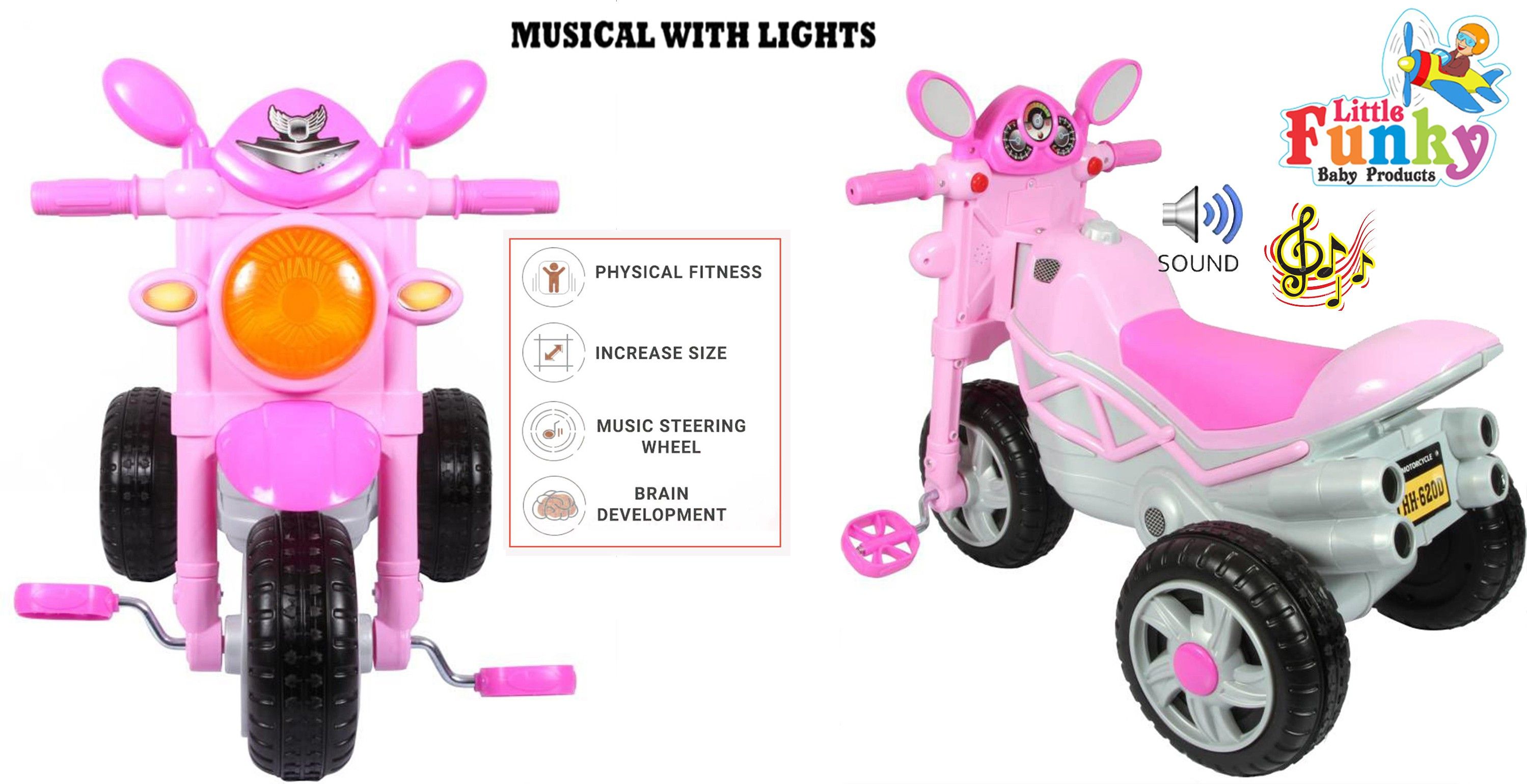 Kids Ride On Bullet Bike With Pedal N Music & Led Lights for 2 to 4 Years Pink Scooter Non Battery Operated Ride On-image-1