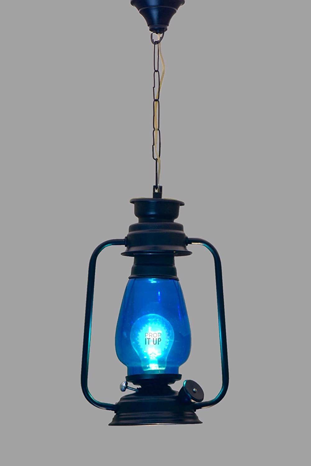 prop it up VINTAGE TRADITIONAL METAL CRAFT ELECTRIC LANTERN HANGING/PENDANT LAMP/LIGHT Black, Blue Iron, Glass Hanging Lantern-picture-33