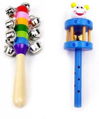 madrigal Colorful Wooden Rainbow baby Handle Jingle Bell Rattle Toys Pack of 2 ( Cage Bell + 10 Bell) Multi-color Rattle-picture-11