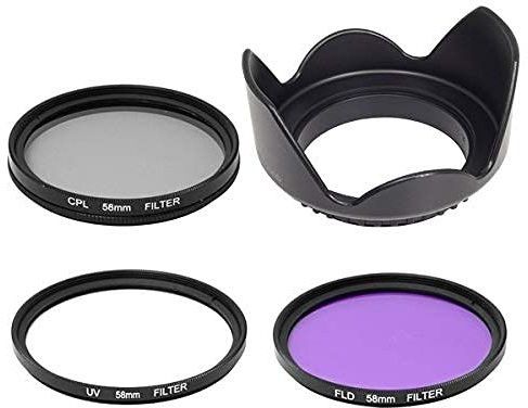SUPERNIC 58mm Saftey UV CPL FLD Filter Kit + Lens Hood for Canon Rebel XT EOS 18-55mm 1100D 550D 600D 650D 1000D 700D 55-250MM Lens 58MM Thread with microfiber cloth Free Lens Hood-image-45