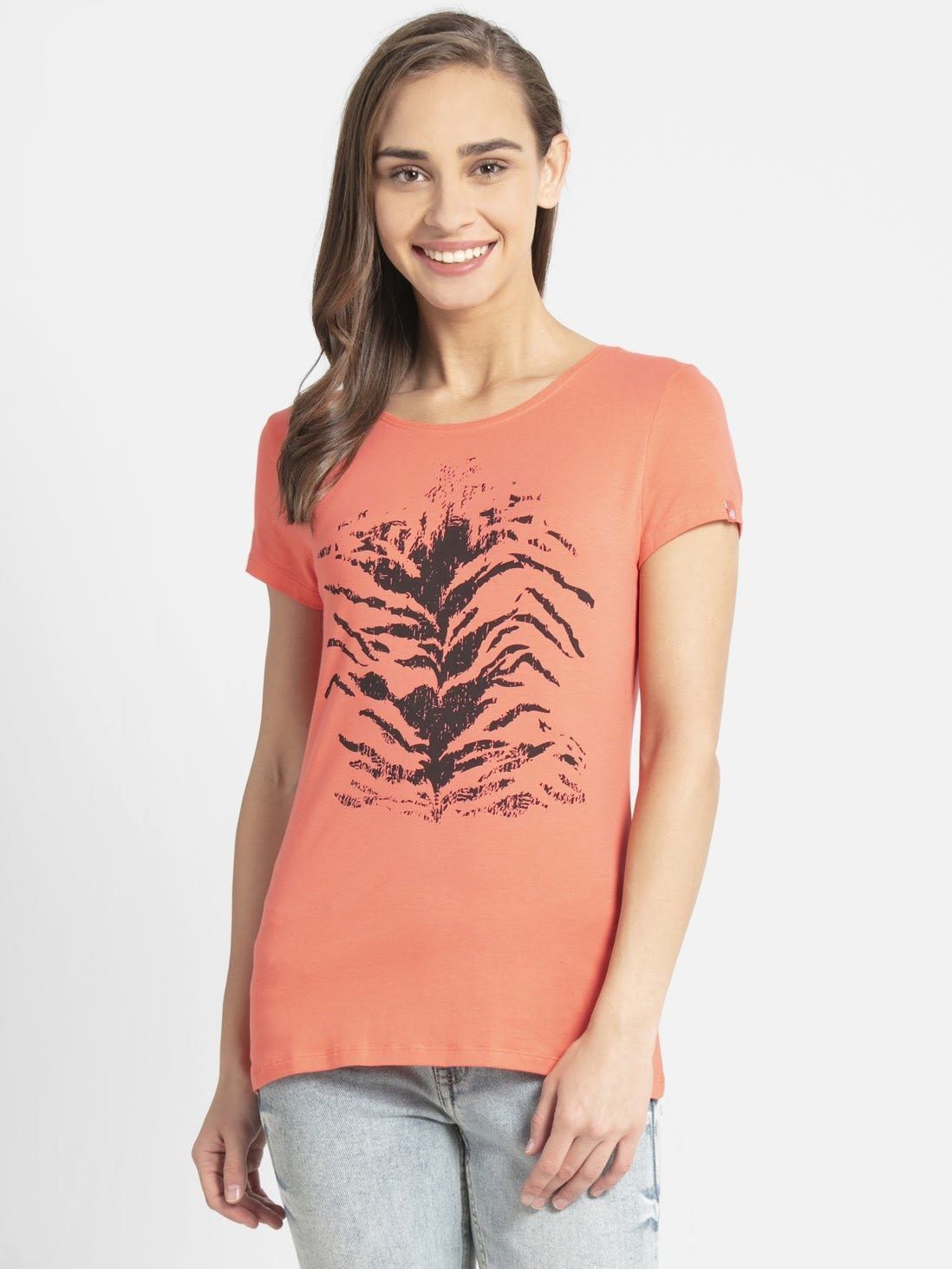 jockey 1361 Women Printed Round Neck Cotton Blend Orange T-Shirt-picture-11
