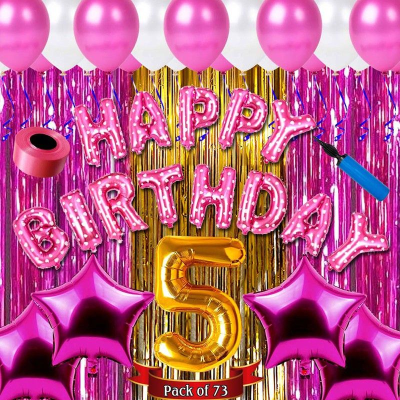 presents Fifth/5th Happy Birthday Combo/Kit Pack Material For Party Decorations (Pack Of 73) PINK-image-19