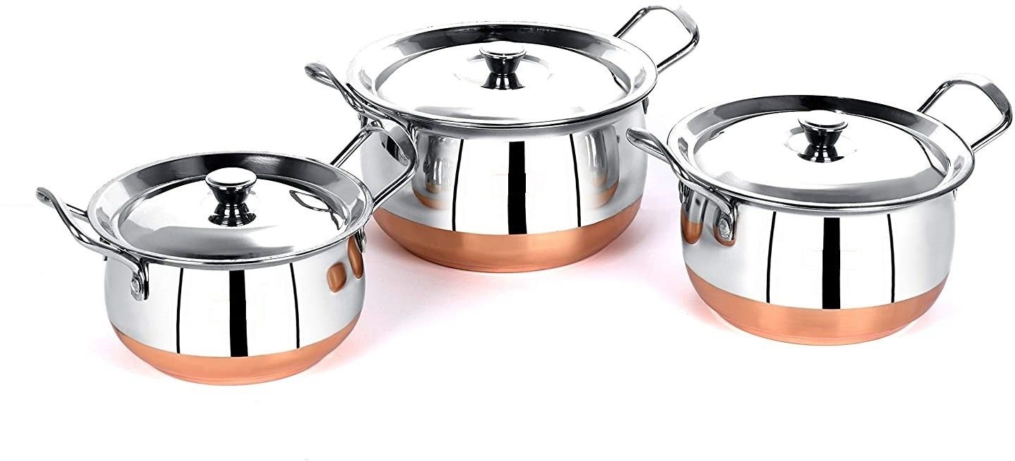 3 pcs export quality premium design luxurious stainless steel copper handi Cookware Set with lid and handle (Stainless Steel 3 - Piece) Cookware Set Capacity: 1.5 L, 1 L, 0.75 L Handi 1.5 L, 1 L, 0.75 L with Lid (Stainless Steel) Donga Handi Dish Serving Set