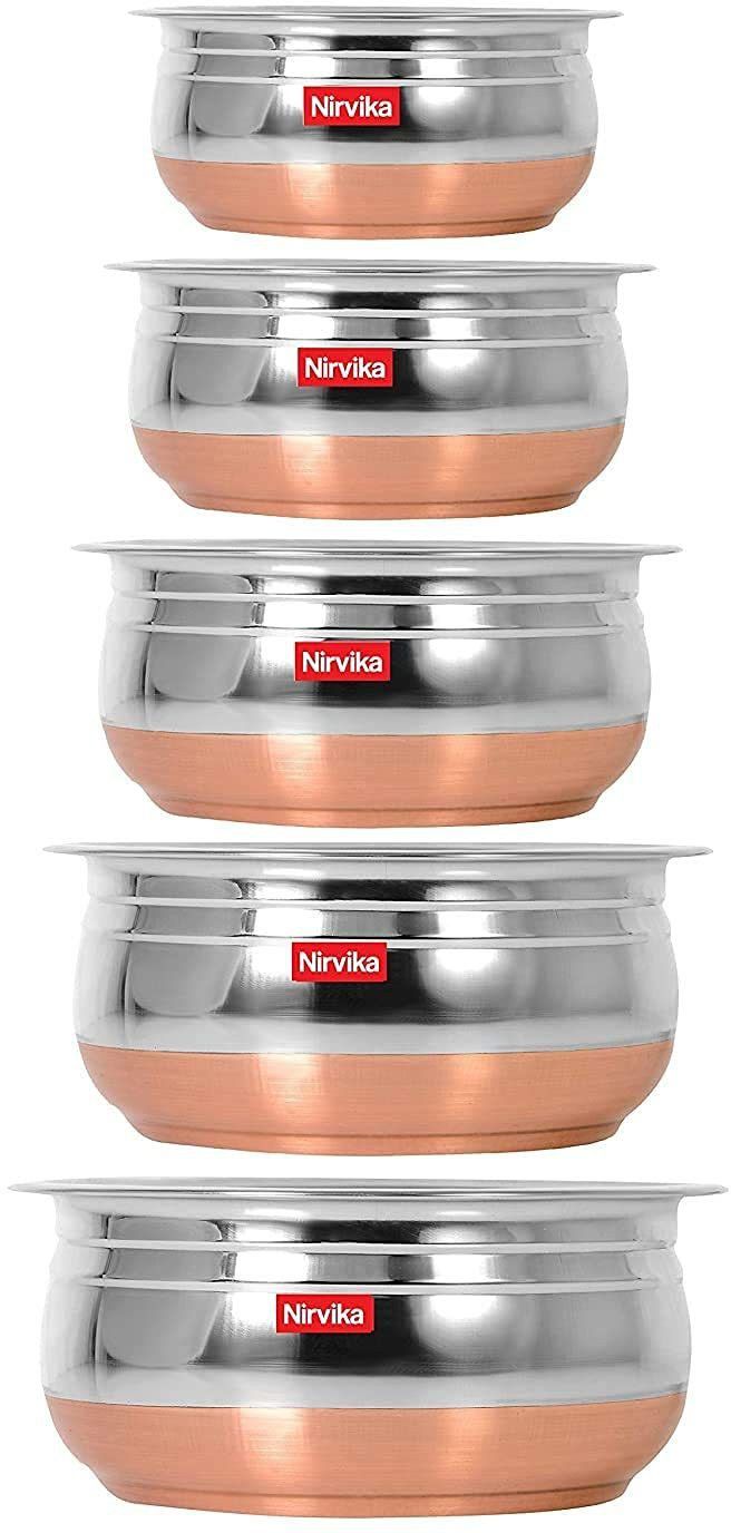 stainless steel Handi Set Urli Everyday Use Whether you want to cook a delicious serving of your favourite sabzi or heat leftover curries from the previous day, the 5-piece copper handi set, Prabhu Chetty, Curved Copper Plate at Bottom, Best Quality Stainless Steel Copper Bottom 5 Pic Handi Pot Set, Brown & Steel, 5 Pic Handi Copper Vegetable Bowl ,Cooking Dinner Table Serving Biryani Pot Handi Kadhai , Panikarilikka Steel Handi 5 Pices Sets Handi 400 ML, 650 ML, 850 ML,1200 ML,1600 ML Dish Serving Set