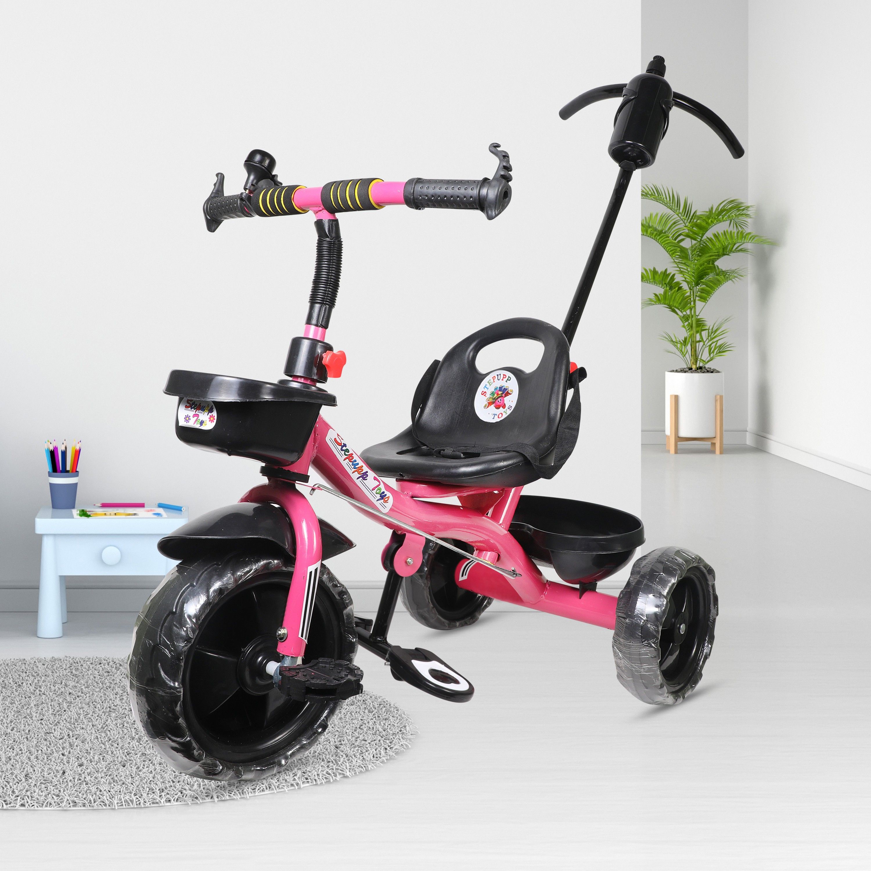 STP PINK HANDLE FOR KIDS FRONT AND BACK BASKET-02 Tricycle