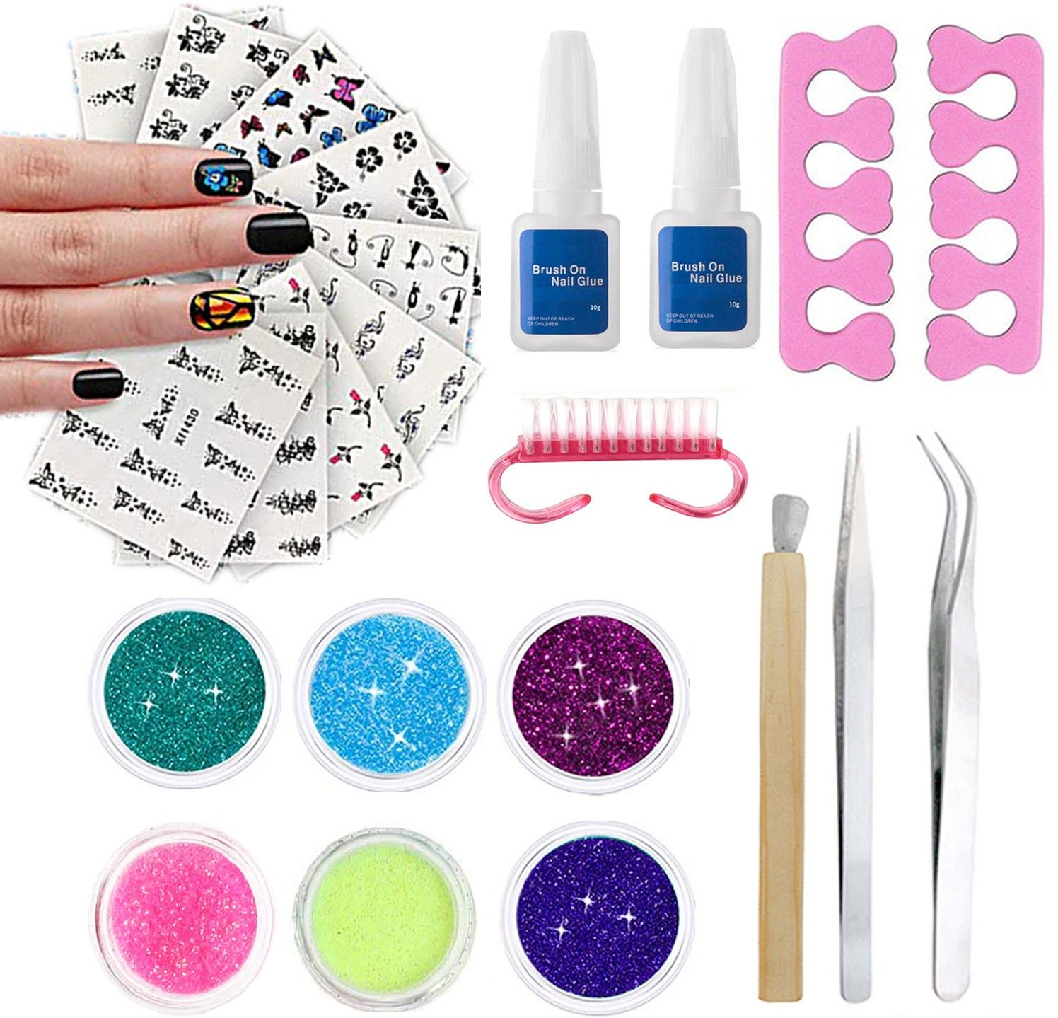 Nail Art Kit Pedicure / Manicure Professional & Personal DIY Decoration Nail Art Combo Kit of Nail Art Styling Tools , Manicure Accessories Rhinestones Stone, Glitters Dust Powder Sparkling / Different Patterns Nail Art Sheets 9 pcs / Nail Art Kit Pedicure/ Manicure Files Toe Finger Separator (Multicolor) Double Way Dotting Painting Pen Tools / Dotting Tools And Tweezers / Nail Glue with Brush Cap & Super Strong Instant Adhesive For Artificial Nail Art Extension 10g / Callus Remover Files Dust Brush Cleaning-image-31