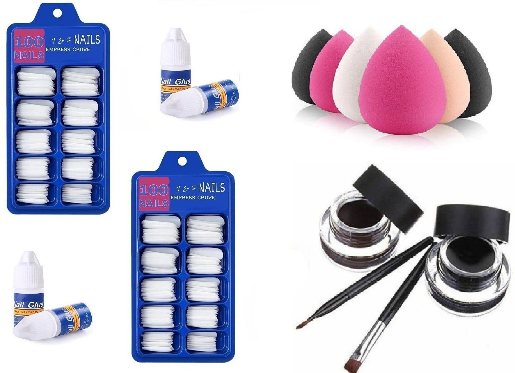 6 Sponge Puff with Artificial Arylic Fake 200 Nails With 4 Glue Bottle + (Black ,Brown ) Eyeliner-image-20