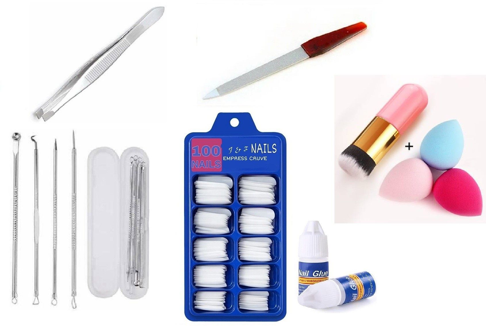 3 Sponge Puff with Foundation Brush with Nail Filer And Plucker + Artificial Fake Arylic Nails and 2 Glue Bottle + Blackhead 4 different Pins-image-45