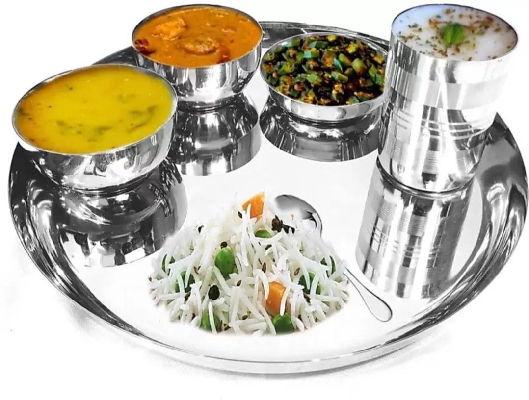 Pack of 6 Steel Stainless Steel Dinner Set,Stainless Steel Thali Set | Dinner Plates Thali Set | Thali Diameter 10.00 Inch |6 Pieces - 1 Thali, 2 Bowl, 1 Pudding Plate/Halwa Plate, 1 Glass, 1 Spoon 6-Pieces, Silver Dinner Set-image-48