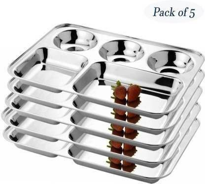 FoodNest Stainless Steel Rectangular Bhojan / Lunch / Dinner Plate (5 Units) Sectioned Plate (5 Sectioned Plate) Sectioned Plate (5 Sectioned Plate) Dinner Plate-image-14