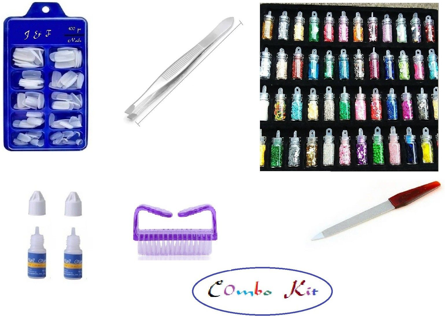 Artificial Gold Finger Empress Tips Fake Nails ( Pack of 100 ) With 2 Glue Bottle With Double Sided Nail Shaper / Filer , Plucker , Nail Cleaning Brush , 48 Pcs Glass Bottle 3D Nail Art Set Kit Glitter Sequins RhineStones ( Multicolor )-image-21