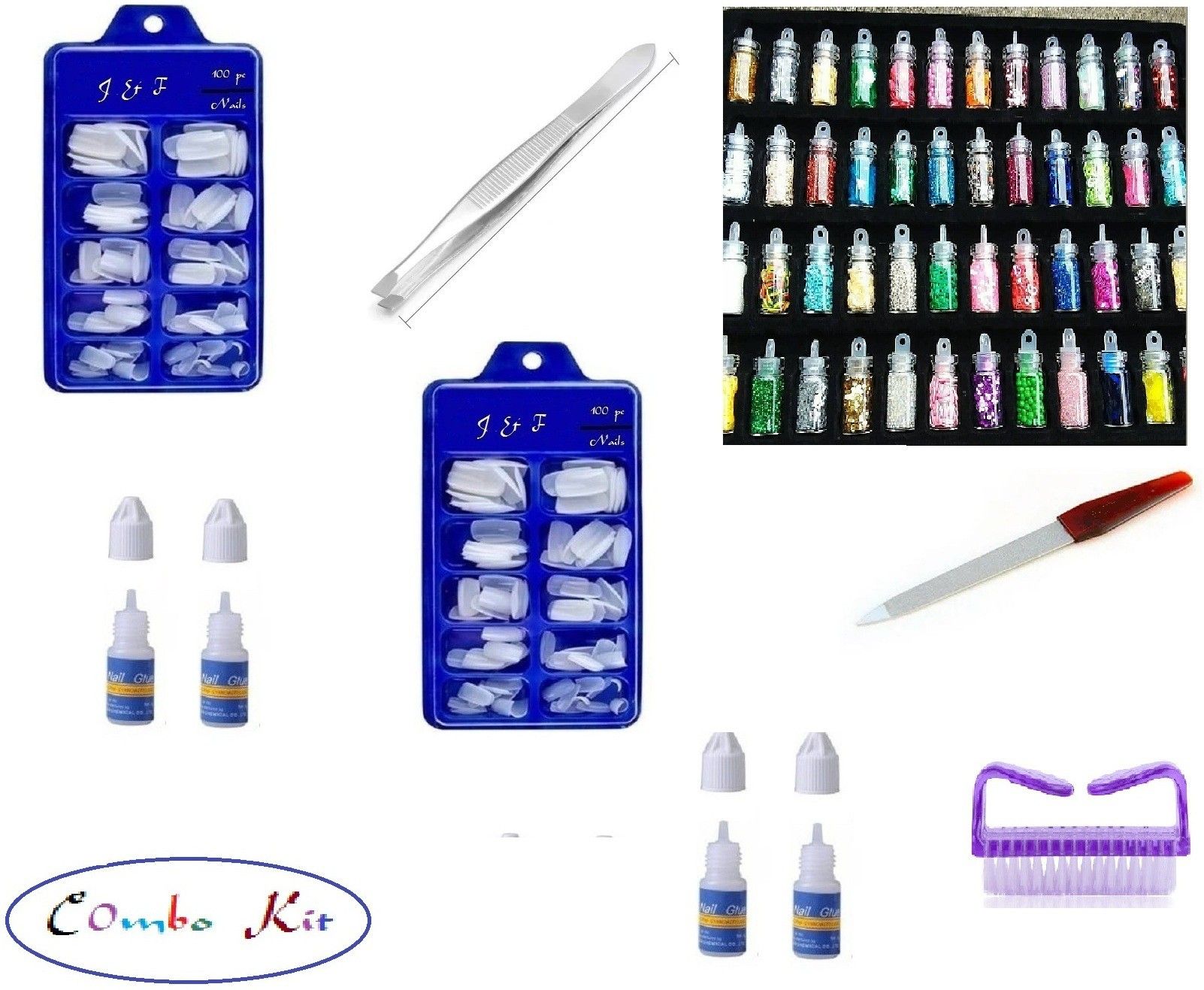 Artificial Gold Finger Empress Tips Fake Nails ( Pack of 200 ) With 4 Glue Bottle With Double Sided Nail Shaper / Filer , Plucker , 48 Pcs Glass Bottle 3D Nail Art Set Kit Glitter Sequins RhineStones ( Multicolor ) , Nail Cleaning Brush-image-49