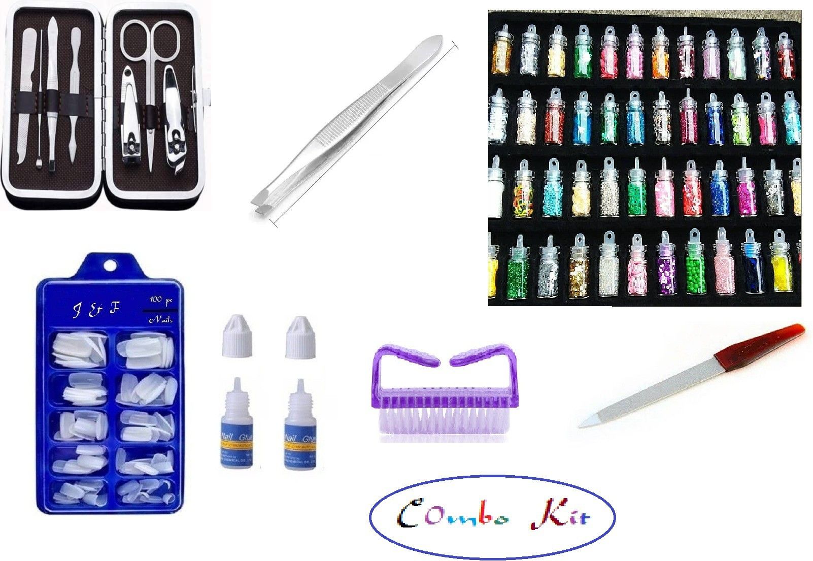 Artificial Gold Finger Empress Tips Fake Nails ( Pack of 100 ) With 2 Glue Bottle With Double Sided Nail Shaper / Filer , Plucker , Nail Cleaning Brush , 48 Pcs Glass Bottle 3D Nail Art Set Kit Glitter Sequins RhineStones ( Multicolor ) & Manicure Pedicure Tool Kit ( 7 in 1 )-image-20