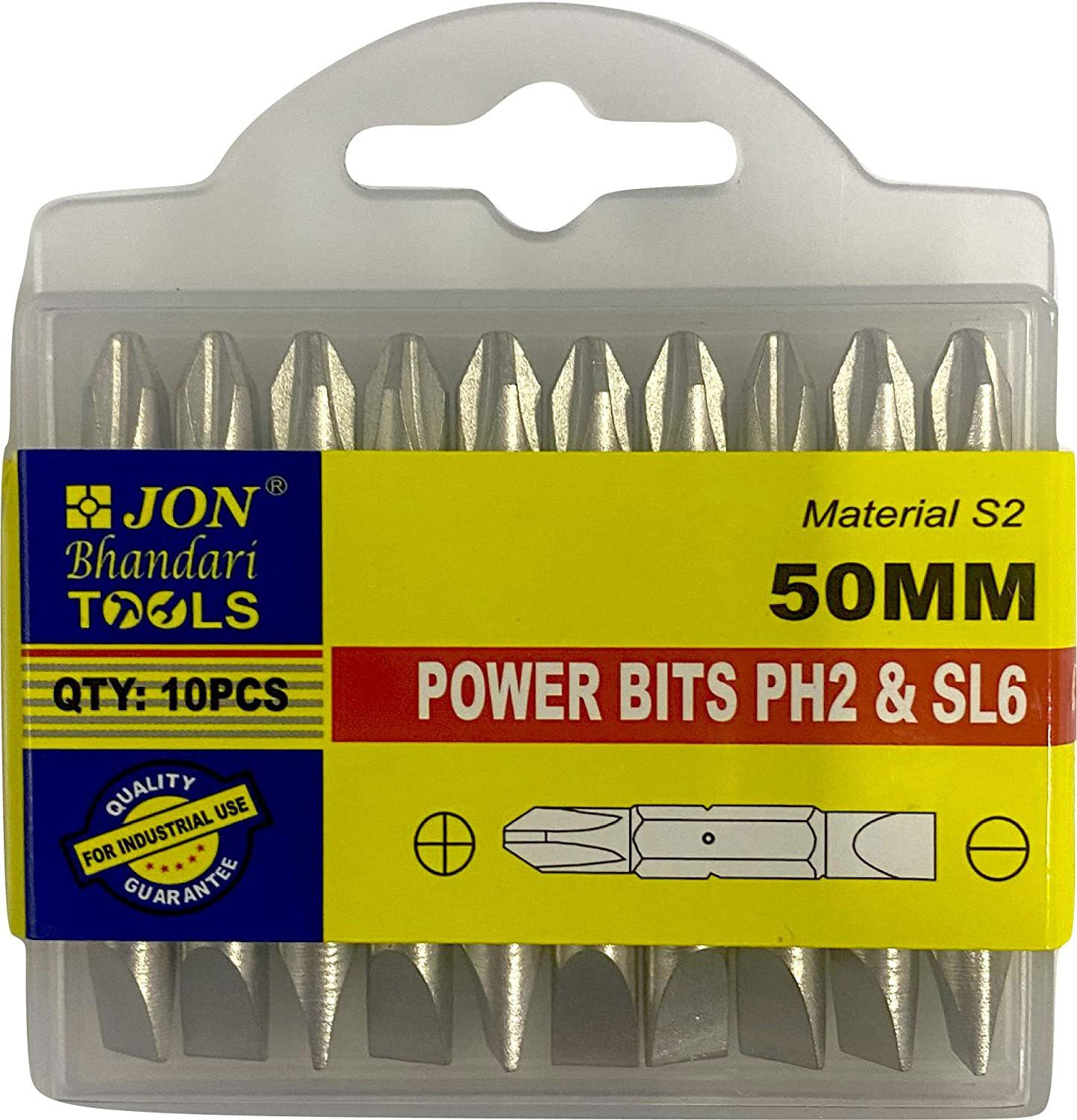 jon bhandari tools PB50 PH2 & SL6 Power Screw Driver Bits Magnetic 2 in 1 Flat & Phillips 50mm (PACK OF 10) Screwdriver Bit Set image 1