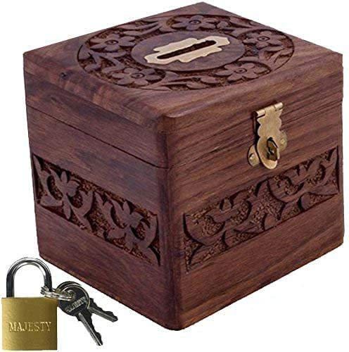 Wooden Money Bank Piggy Bank ,Money Storage Box .Handmade Brown Wooden Money Bank with Full Carving Design /Square Shape Money Storage Box. Padlock Lock Size = 20MM 2 Keys Safe Box Coin Bank-image-10