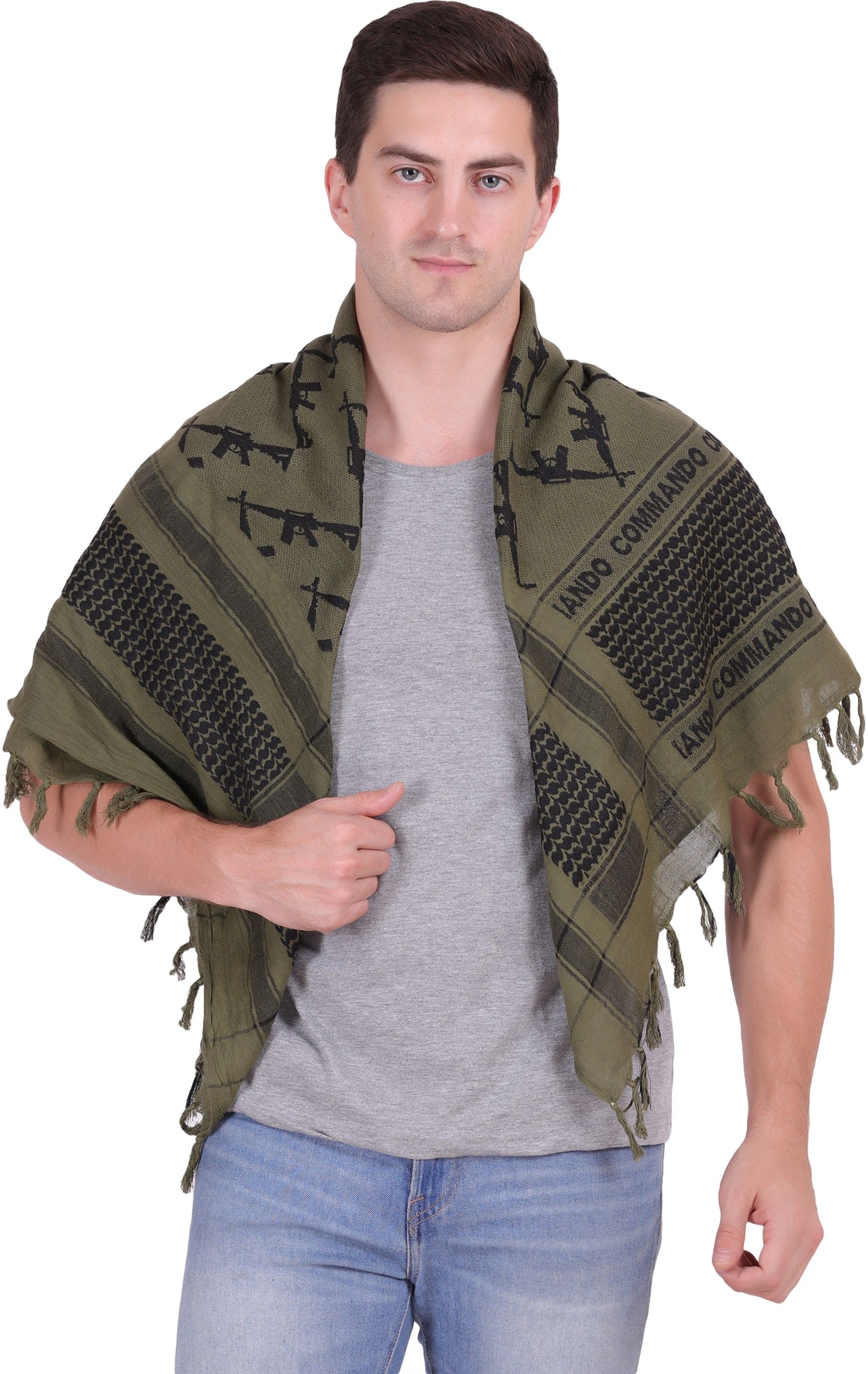 Embroidered Pure Cotton Men Dark Green, Black Scarf