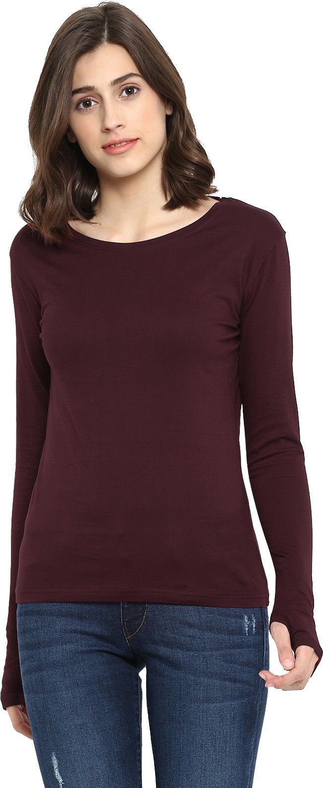 ap'pulse Women Solid Round Neck Pure Cotton Maroon T-Shirt-picture-11