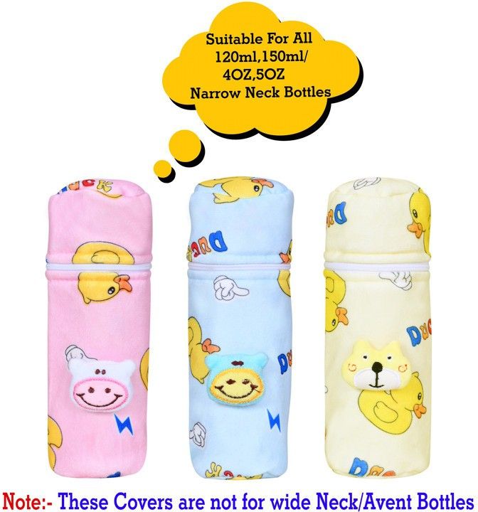 Soft Plush Stretchable Baby Feeding Bottle Cover with Easy to Hold Strap and Zip | Suitable for 120ml & 150ml Feeding Bottles| Overall Print Pack of 3 (Yellow, Blue & Pink)