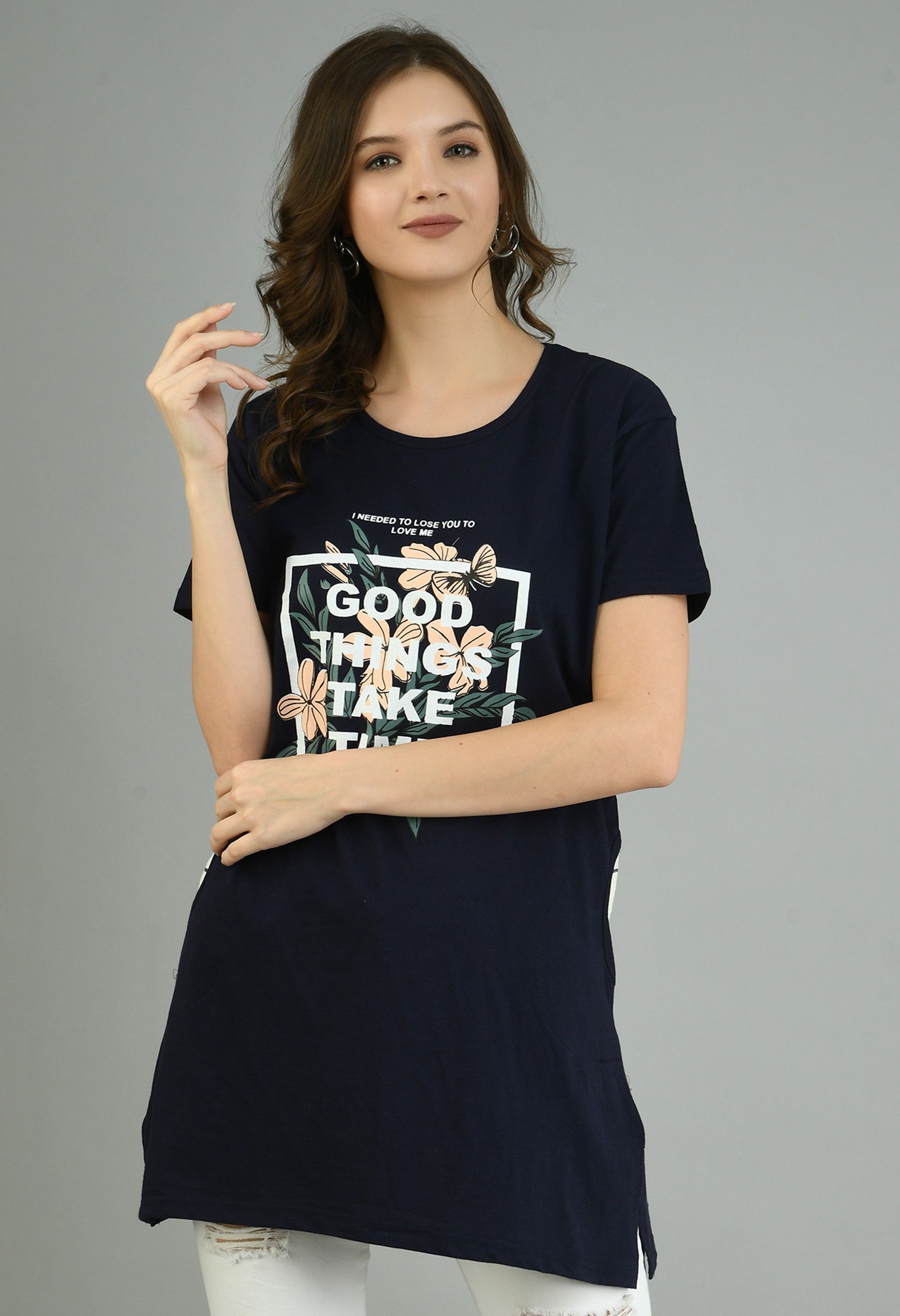 Women Printed Round Neck Pure Cotton Dark Blue T-Shirt-image-40