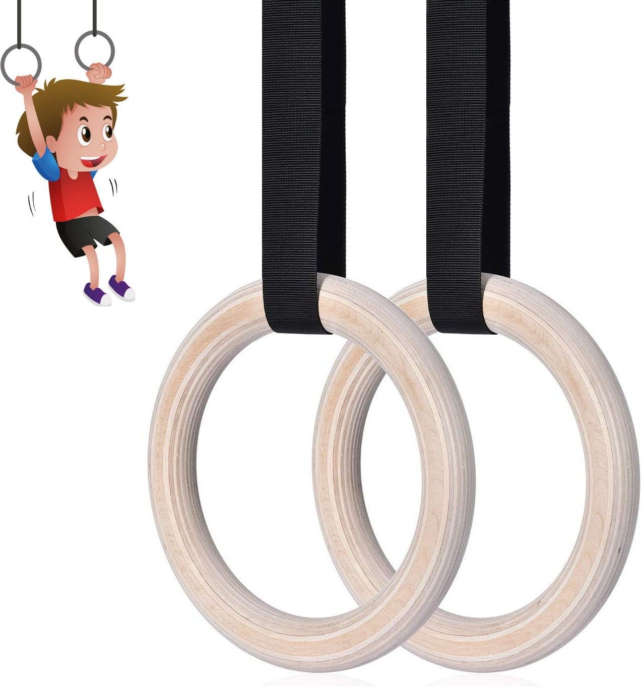 Kids Gymnastic Wooden Rings with Heavy Duty Adjustable Strap | Roman Rings for Kids | Kids Gym Play Set | Gymnastic Toys Pilates Ring