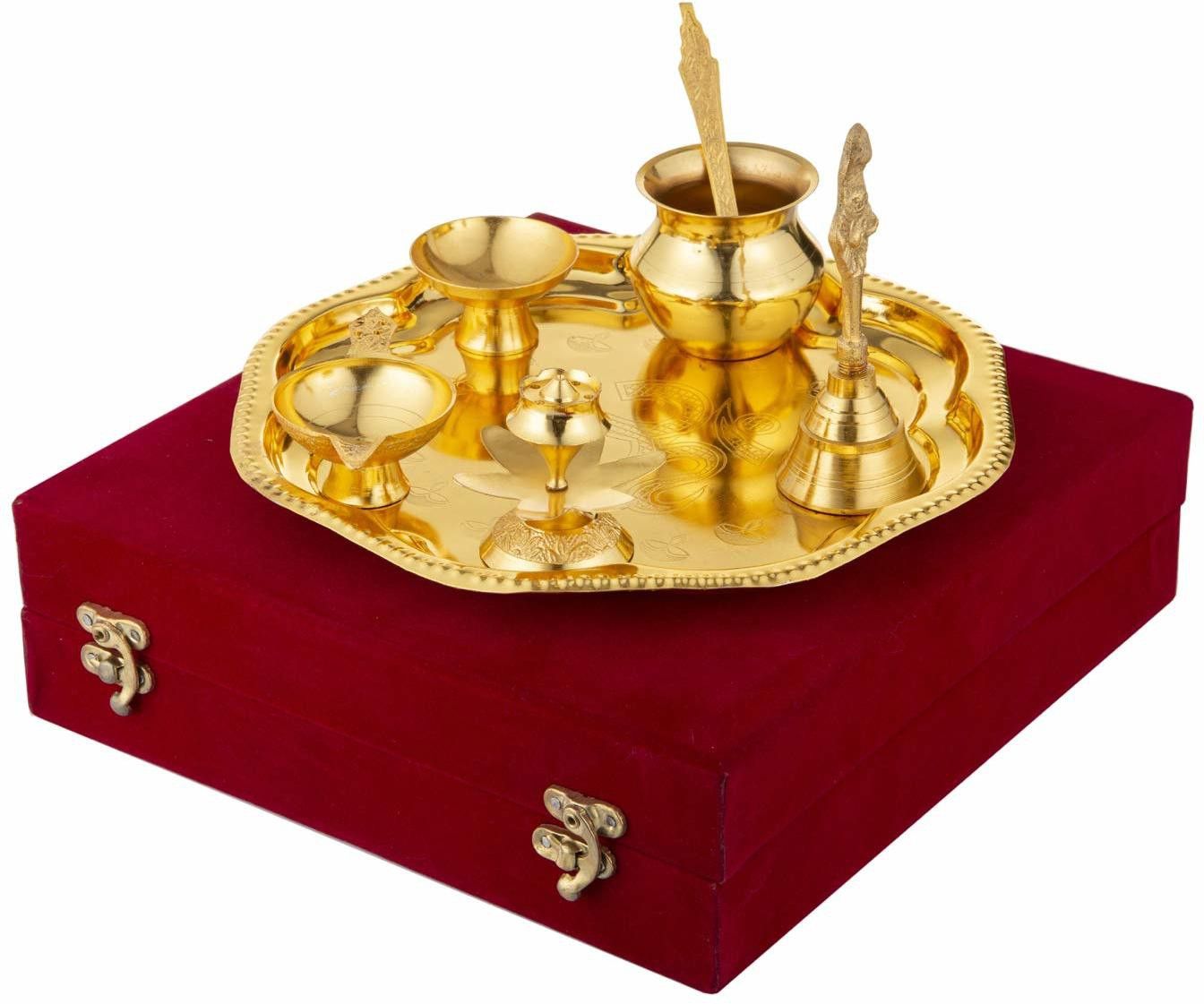 German Gold Plated Laxmi Ganesh Pooja Thali, Diya, Spoon, Bell, Agarbatti Stand, Loti and Chandan Vati with Velvet Box Packing Gold-image-29