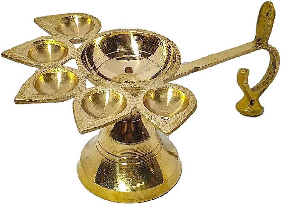 Decorative Brass Panch Aarti Five Face Pooja Diya with Handle/Stand for Temple and Home Diwali Decor, Golden Brass Table Diya-image-2