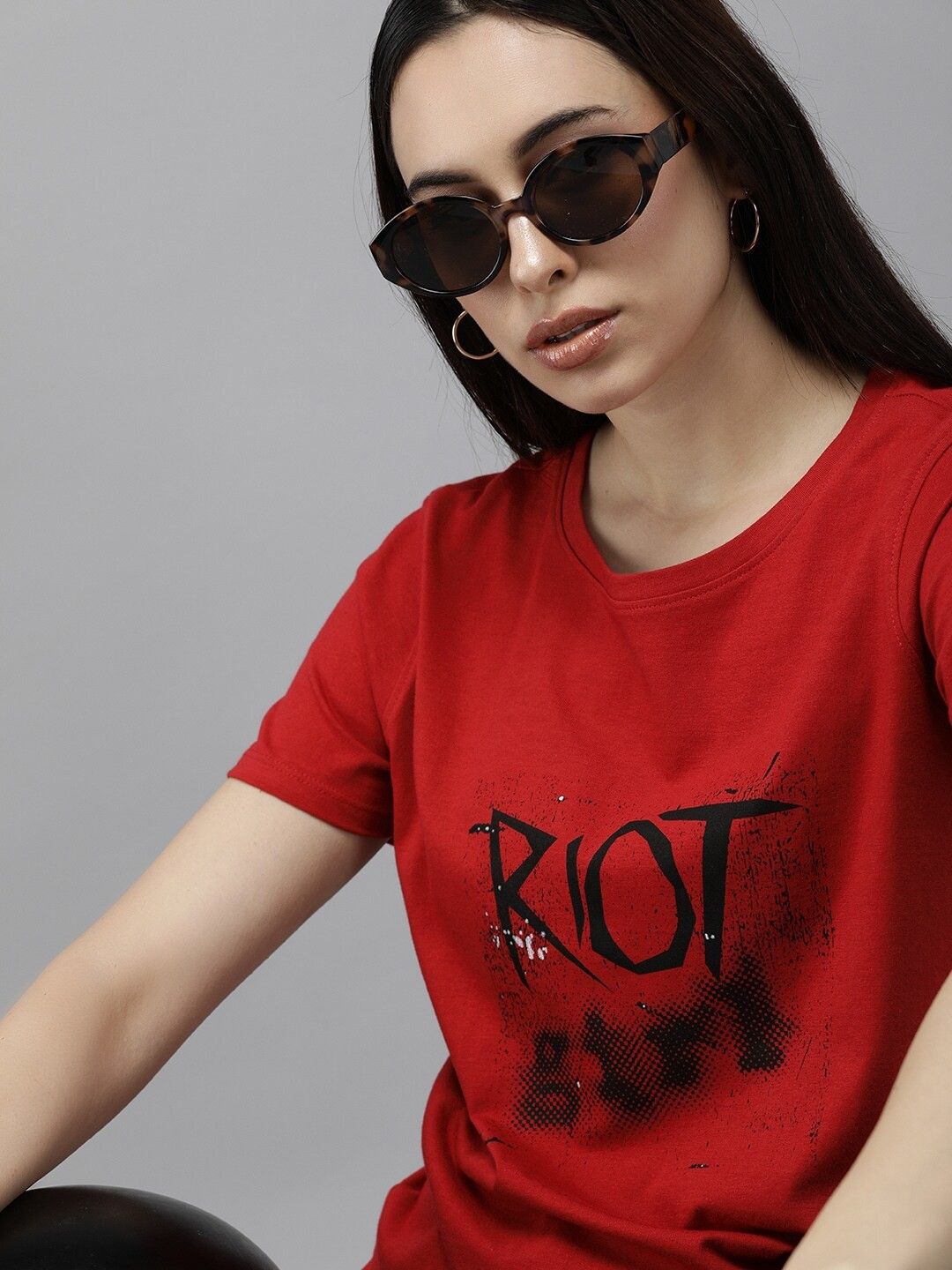 roadster Women Printed Round Neck Pure Cotton Red T-Shirt-picture-20