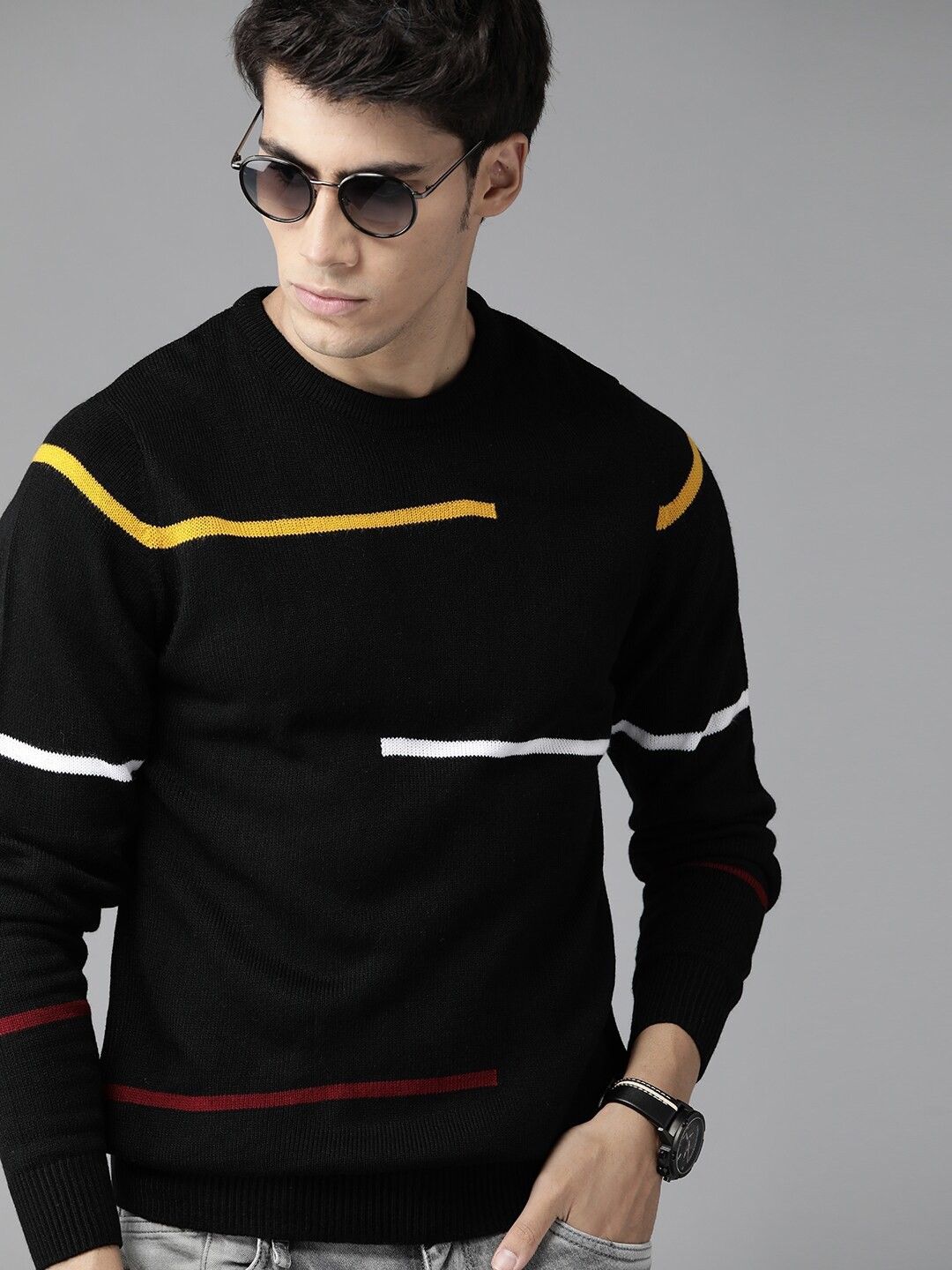 Men Striped Round Neck Black Sweater-image-45