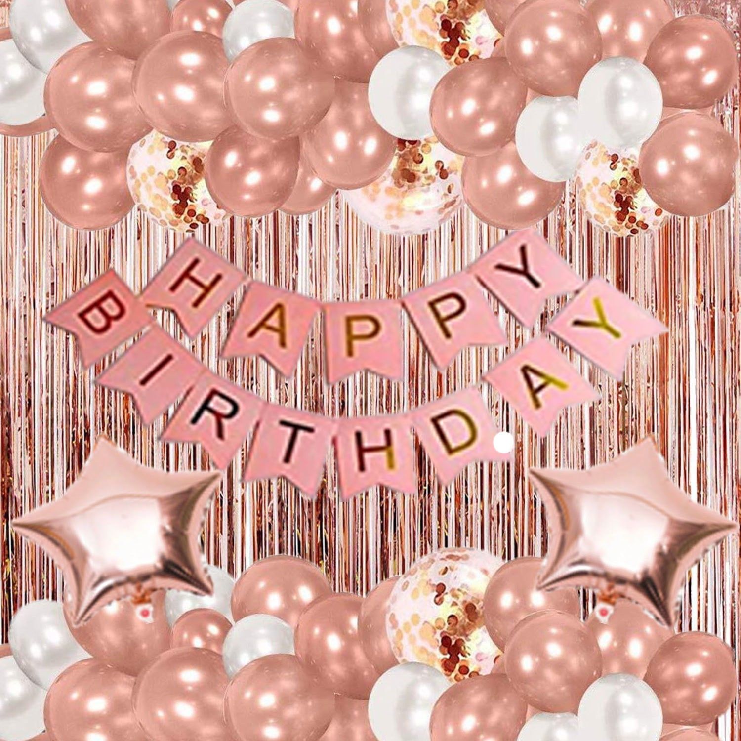 party breeze rose gold pink white Happy Birthday Decoration Combo Kit with Banner, Balloons, Foil Curtain, star foil 48pcs for Birthday Decoration Boys, Kids, Girl, Husband, Wife, Girl Friend, Adult.-picture-12