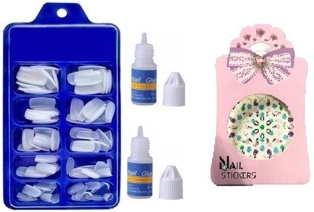 Artificial Arylic 100 Nails With 2 Glue With Mix Design Stickers-image-35