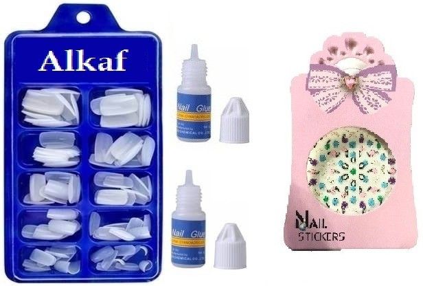 Artificial Arylic 100 Nails With 2 Glue With Mix Design Stickers-image-34